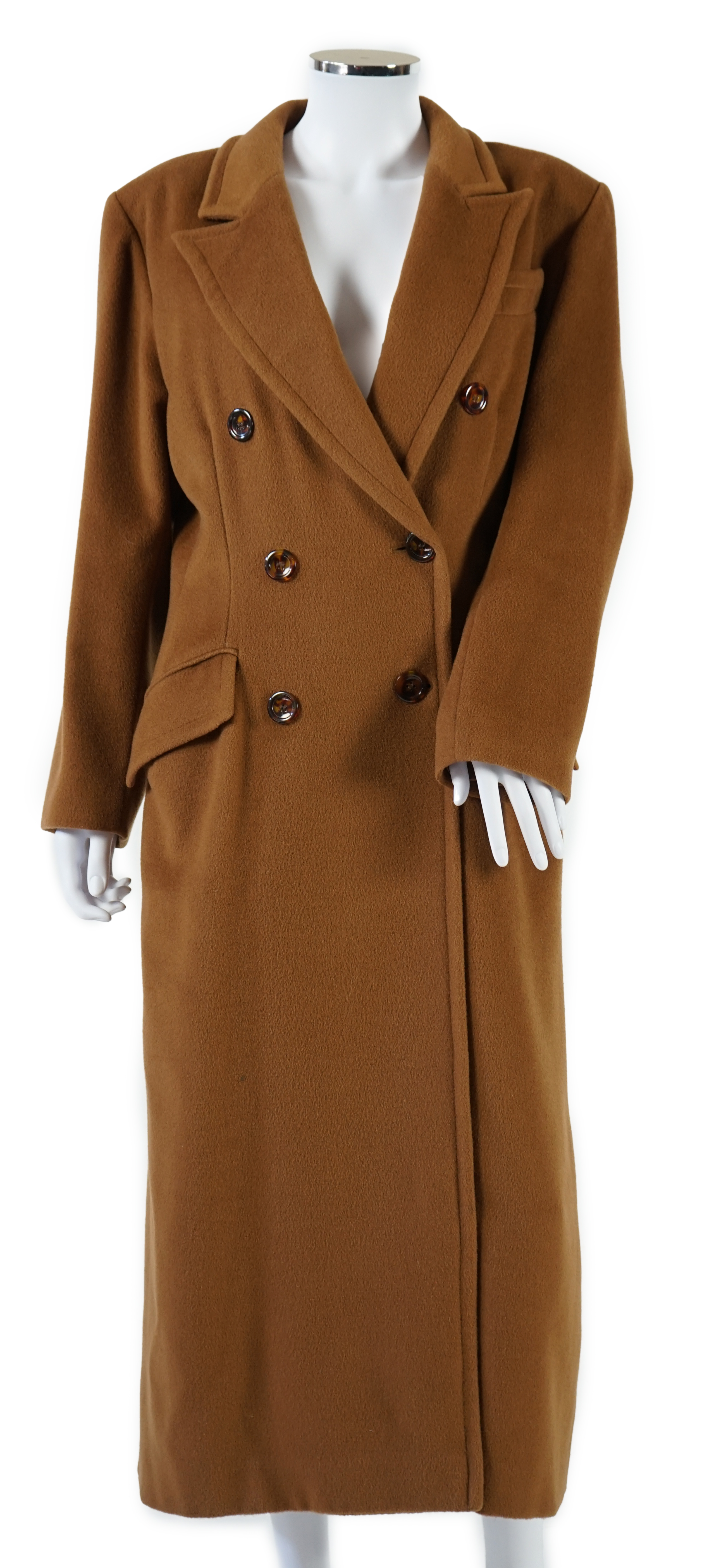 A vintage Yves Saint Laurent variation lady's dark tan double breasted wool long coat, F 40 (UK 12). Proceeds to Happy Paws Puppy Rescue